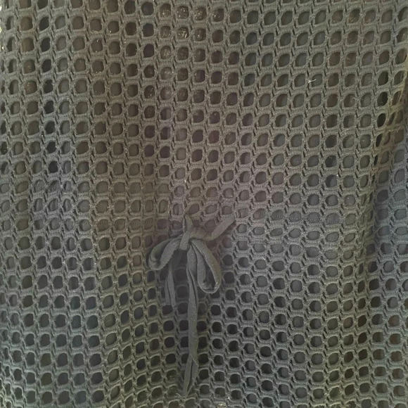 Pete S Black crocheted mini dress w/drawstring waist, bell sleeves, scoop neck. - Picture 3 of 8